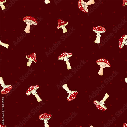 Vector seamless pattern with fly agaric mushrooms. Ideal for textiles, wrapping paper, wallpapers, and seasonal projects