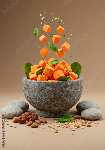 Rustic stone bowl filled with cubed orange sweet potatoes and green leafy vegetables — studio shot with warm lighting, natural ingredients, and modern clean food composition emphasizing health and nut