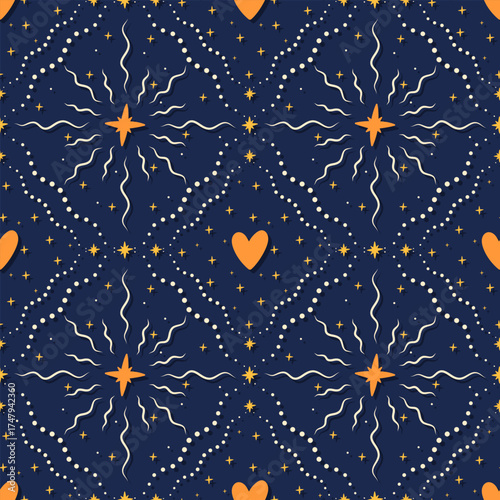 Mystical Vector seamless pattern cosmic and celestial motifs. Golden stars, dotted constellations, wavy lines, hearts on a deep navy background. Perfect for fabric, wallpaper, wrapping paper