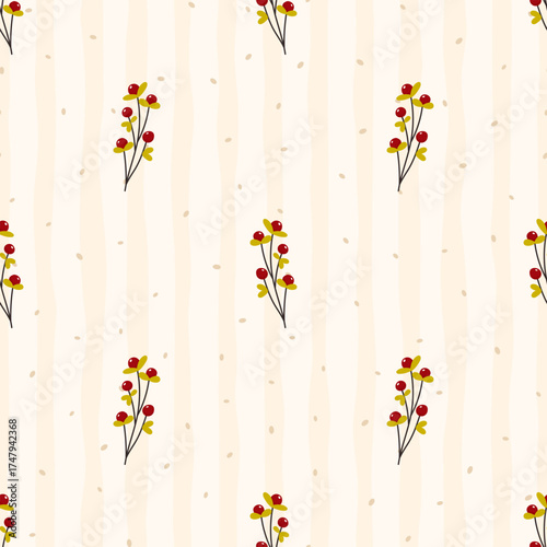 Vector seamless pattern red berries, delicate branch. Elegant autumn design, perfect for textile, wrapping paper, wallpaper, and holiday-themed products