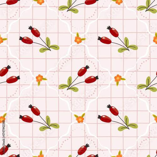 Vector seamless pattern red berries and delicate branches framed by decorative dotted lines. Elegant autumn design, perfect for textile, wrapping paper, wallpaper, and holiday-themed products