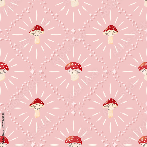 Vector seamless pattern with fly agaric mushrooms. Cute design, ideal for textiles, wrapping paper, wallpapers, and seasonal decorative projects