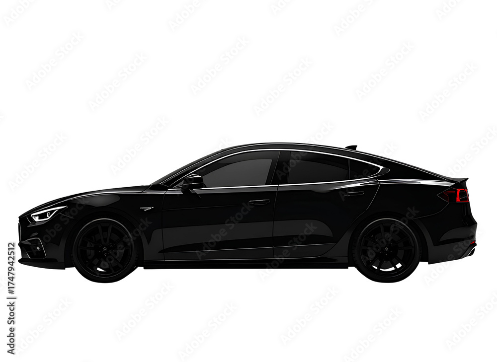 Fototapeta premium Black silhouette of a modern car, side view, transparent background, minimal design