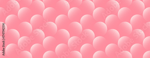 Vector abstract wide panoramic background with modern halftone sphere bubble pattern in pink colour. Grainy textured striking abstraction adds volume and softness for web, print and creative branding