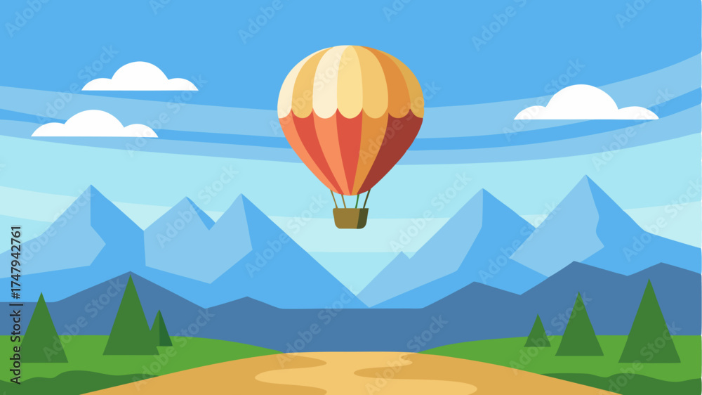 Fototapeta premium A hot air balloon floating over a scenic landscape representing unique aerial exploration.