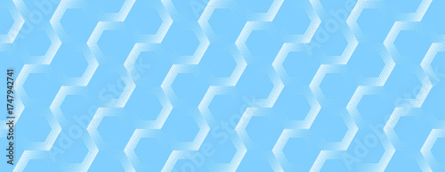 Vector abstract wide panoramic background with halftone hexagon pattern in light blue colour. Minimal grainy texture gives it a futuristic and structured look for digital interfaces and visual systems