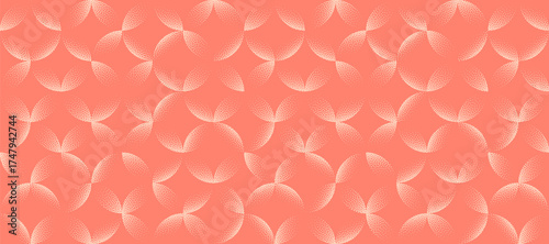 Vector abstract wide panoramic background with halftone star petal pattern in warm coral colour. Grainy texture and soft gradients enhance the dynamic and artistic flow of this stylish classy backdrop