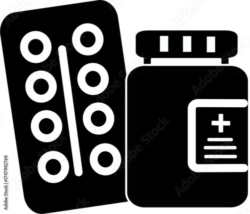 Medicine bottle and blister icon. Pharmacy icon. Health products, pharmacy symbol. Vector graphics and not Artificial Intelligence, logo illustration. Replaceable vector design.