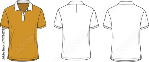 Technical fashion illustration of short sleeve polo shirt front and back views with contrast collar, button placket, and ribbed cuffs