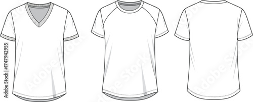Technical fashion illustration of short sleeve shirts with V-neck, raglan sleeve, and crew neck back view for apparel design