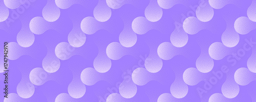 Vector abstract wide panoramic background with halftone metaball fluid shapes pattern in violet colour. Grainy texture enhances visual softness and movement for branding, posters and UI backdrops