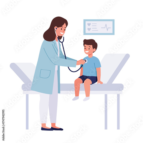  a female pediatrician wearing a light blue medical coat and white pants, stethoscope around her neck, checking a small boy’s heartbeat with a stethoscope.