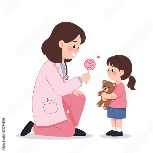 a pediatrician in a pink lab coat kneeling beside a little girl holding a teddy bear, the doctor smiling and giving the child a lollipop.
