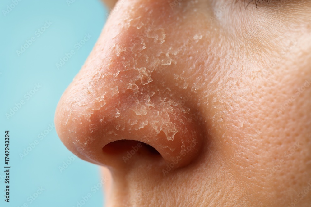 Fototapeta premium Extreme close-up of a human nose highlights dry, flaking skin, depicting a sensitive dermatology condition needing urgent skincare attention on blue