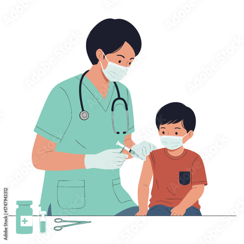 a pediatrician with short black hair wearing mint green scrubs and white gloves, gently giving a vaccine injection to a little boy’s arm, boy sitting calmly on a chair.