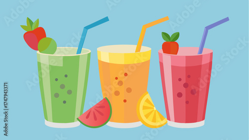 Beautifully arranged smoothies in clear glasses each a different color with fresh fruit garnishes and straws radiating health and vitality.