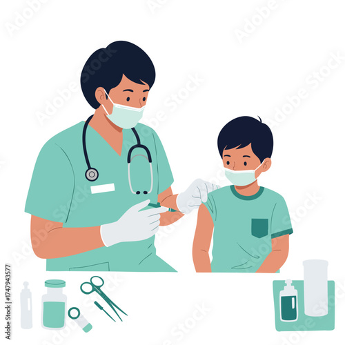 a pediatrician with short black hair wearing mint green scrubs and white gloves, gently giving a vaccine injection to a little boy’s arm, boy sitting calmly on a chair.