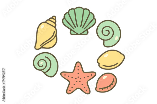 Decorative arrangement of various sea shells and a starfish in soft pastel colors