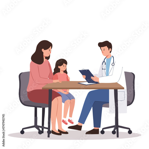 a pediatrician sitting at a desk with a clipboard, talking to a mother and her daughter, doctor wearing a white coat with light blue shirt inside.
