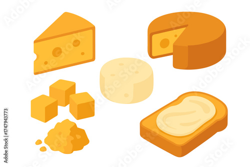 Collection of various cheese types including wheel, wedge, cubes, and grated pile with a slice of toasted bread