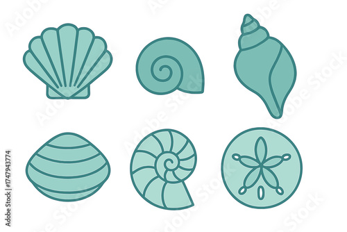 Six stylized ocean seashells and marine elements including scallop, conch, nautilus, and sand dollar
