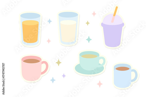 Colorful pastel drinks collection featuring coffee, tea, juice, milk, and a blended smoothie