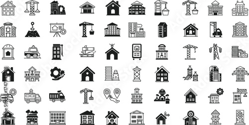 Construction and building icons set, real estate development, architecture design, industrial structure, engineering concept, infrastructure and home improvement illustration
