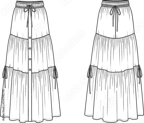 Technical fashion illustration of tiered maxi skirt front and back views with button placket, drawstring waistband, and gathered seam details