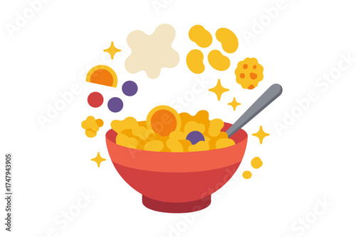 Colorful breakfast cereal in a red bowl with a spoon and floating fruit slices