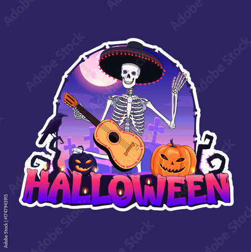 Funny skeleton plays music for Halloween celebration. Colorfuk sticker design