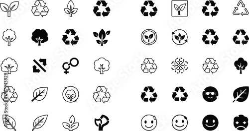 Eco and recycle icons, green leaf, sustainability, tree, environment care, renewable resources, nature conservation, eco-friendly design, clean energy, organic growth illustration