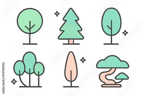 Set of stylized nature symbols featuring diverse trees and plants like pine oak and bonsai