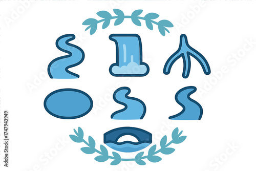 Stylized blue symbols depicting natural water features including rivers, waterfalls, ponds, and streams