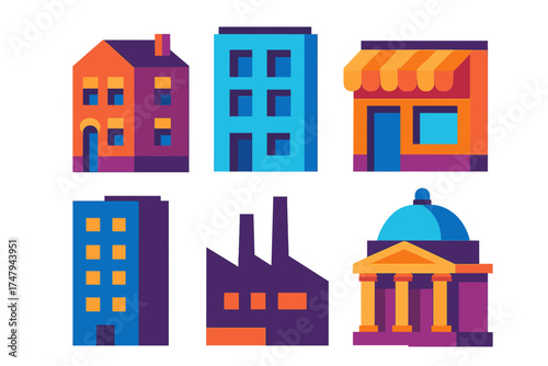 Colorful flat design icons representing various urban and commercial buildings