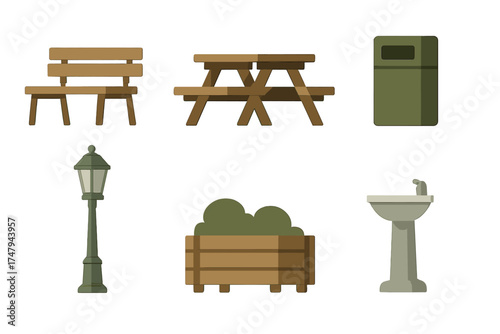 Collection of essential outdoor park amenities including wooden bench, picnic table, trash bin, street lamp, and water fountain