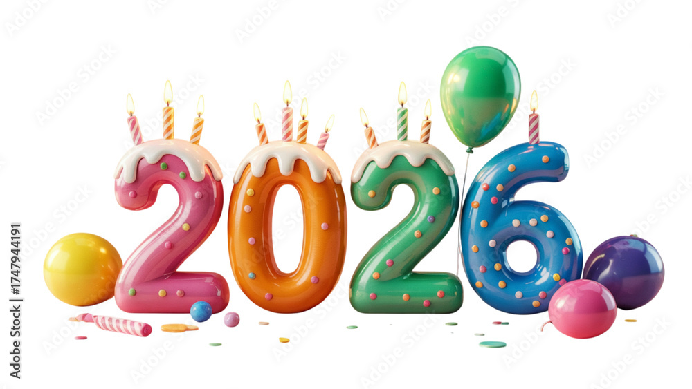 Obraz premium 2026 celebration with balloons and birthday candles, happy new year greeting