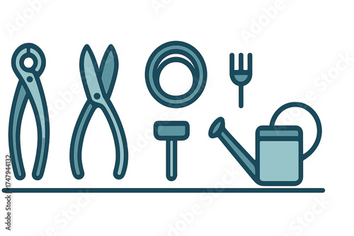 Pliers, shears, coiled hose, trowel, garden fork, and watering can set