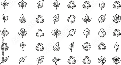 Eco friendly recycle leaf icons, sustainable nature symbols, green environment illustration, renewable energy vector set, ecological outline design elements