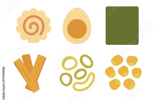 Set of essential Japanese ramen toppings including narutomaki, egg, nori seaweed, bamboo shoots, and corn kernels