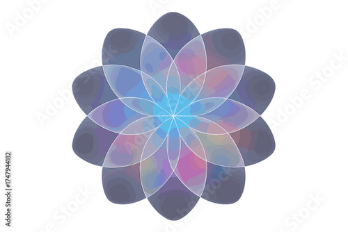 Abstract symmetrical floral shape with iridescent gradient colors and glowing center