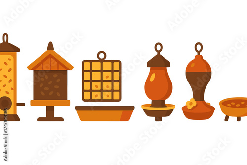 Row of assorted outdoor bird feeders and seed containers for wild birds