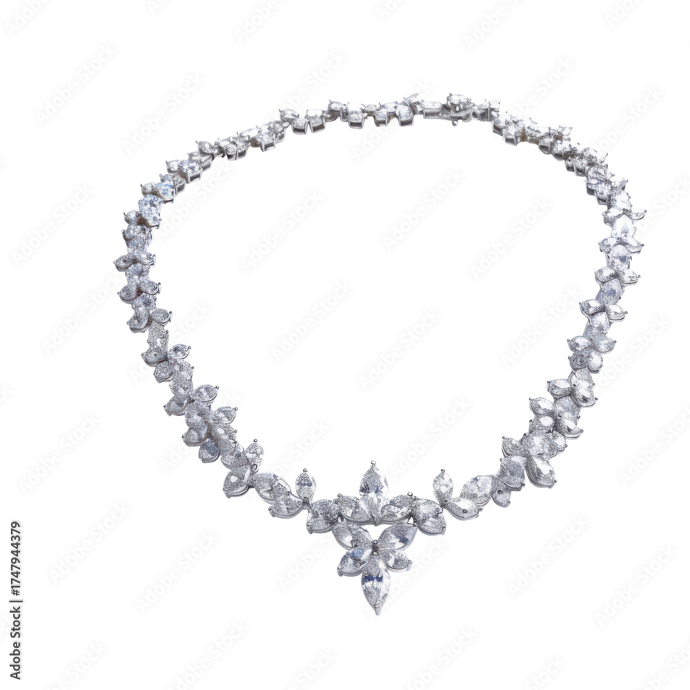 Fototapeta premium Sparkling diamond necklace with floral design isolated on Transparent Background