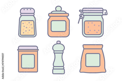 Collection of various kitchen containers for spices condiments and dry food goods in pastel colors