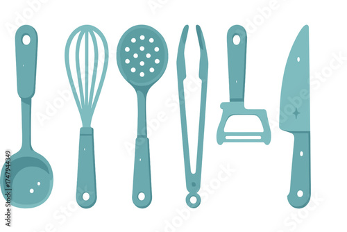 Set of essential cooking utensils including ladle, whisk, slotted spoon, tongs, peeler, and knife