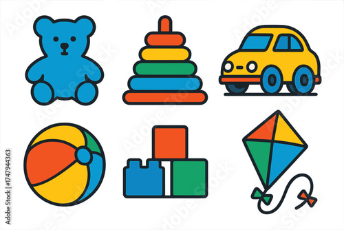 Set of colorful children's toys icons including teddy bear, stacking rings, toy car, and building blocks