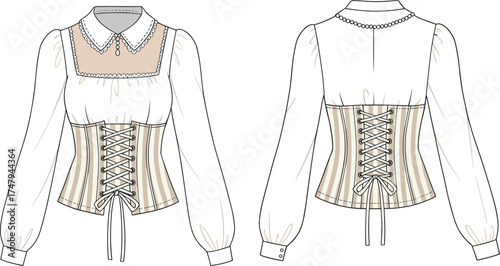 Technical fashion illustration of women’s corset blouse with puff sleeves, lace-up front and back, Peter Pan collar, and ribbon waist