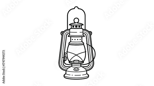 Vintage kerosene lantern with glass globe and handle hand drawn illustration in black and white