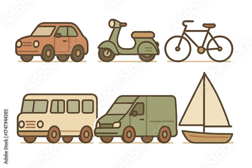 Collection of transportation modes including car, scooter, bicycle, bus, delivery van, and sailboat