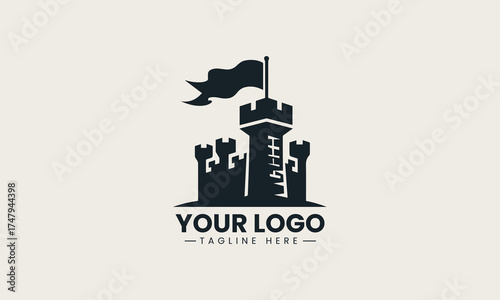 Robust black vector logo illustration of a medieval castle fortress with a flying flag creating a strong security brand symbol