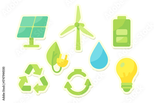 Solar panel, wind turbine, light bulb, and recycling symbols for green energy